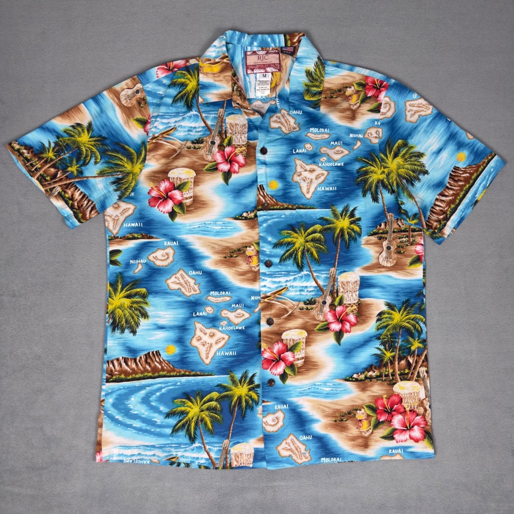 RJC Hawaiian Shirt Mens M Blue Island Map Hibiscus Made in Hawaii USA 102C